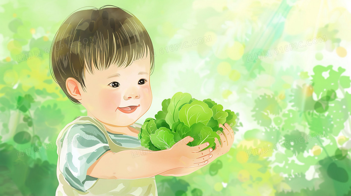 夏日采摘蔬菜水果的儿童插画