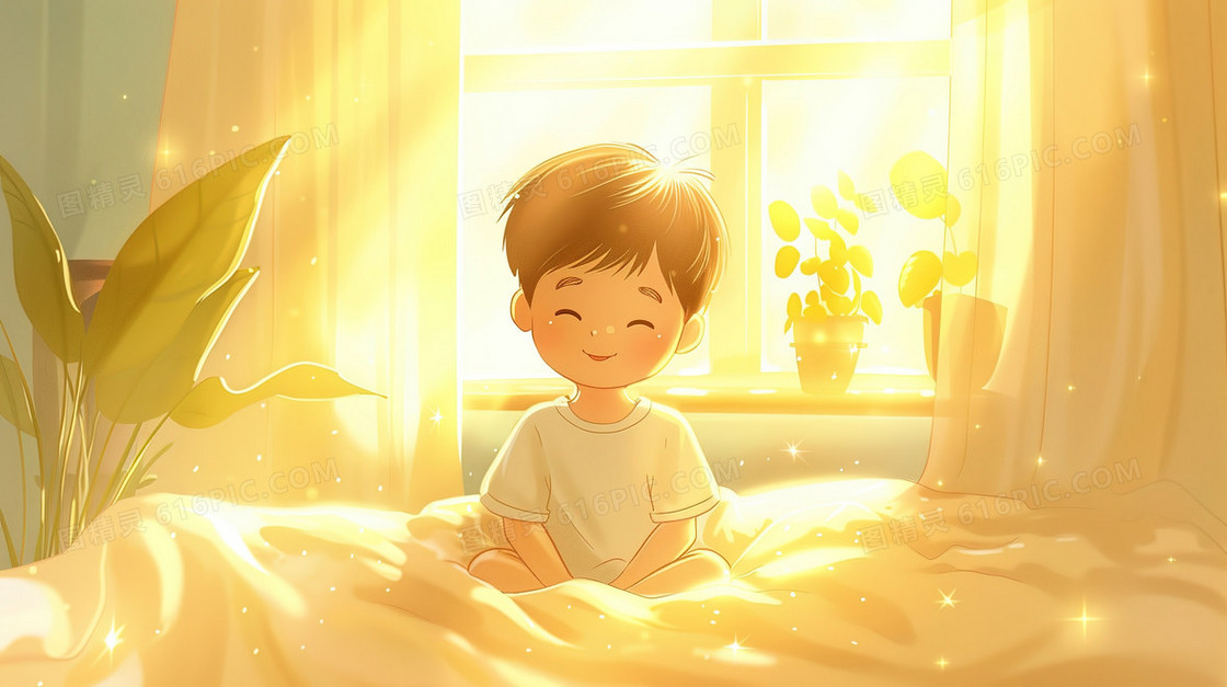 阳光照射的床上坐着的小男孩插画