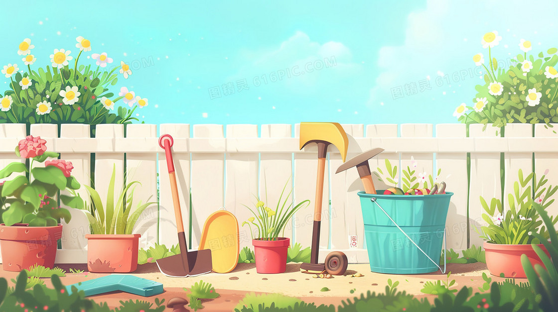 花园围墙边放着的园艺工具插画