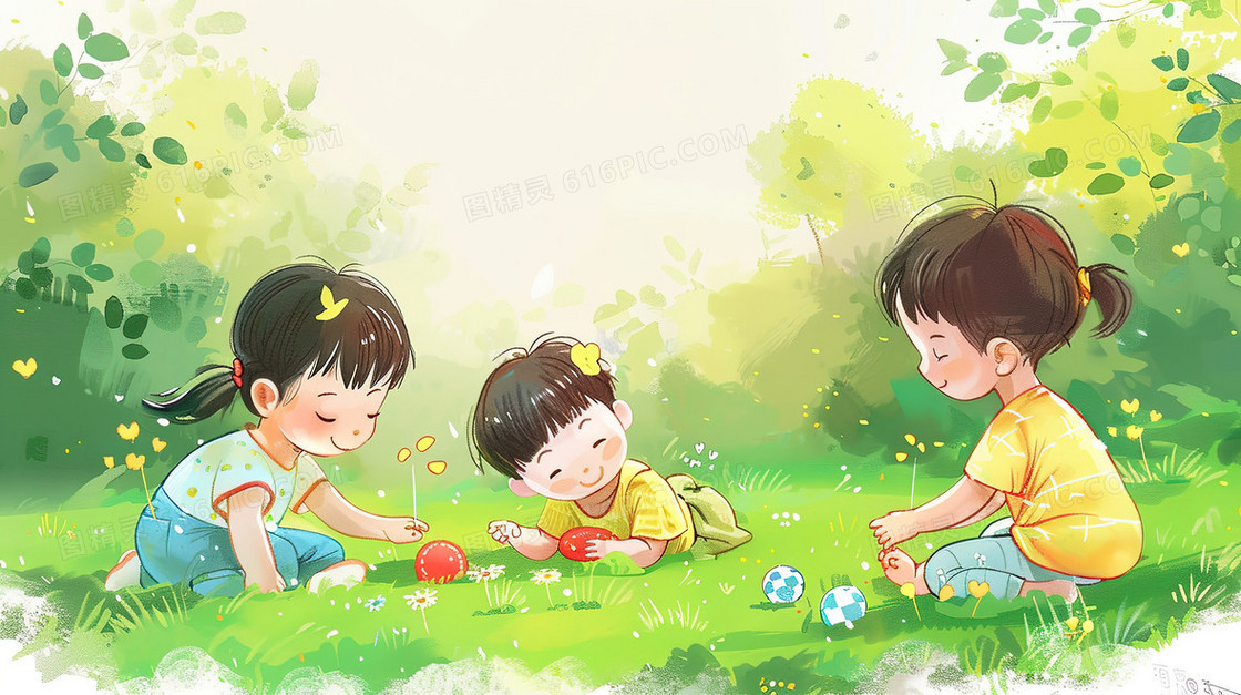 草地上玩小球的孩子们插画