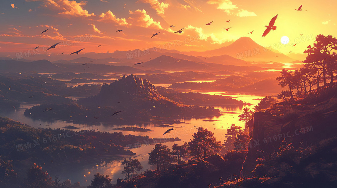 晚霞余晖风景插画