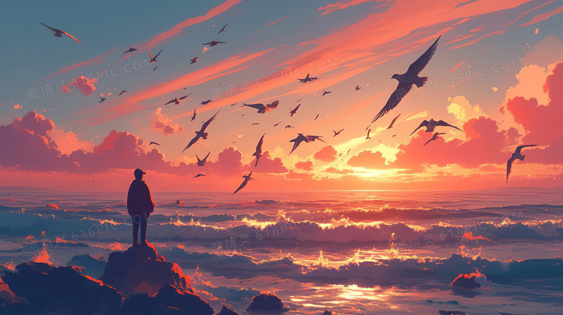 落日余晖旅人插画