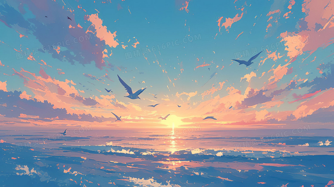 晚霞余晖风景插画