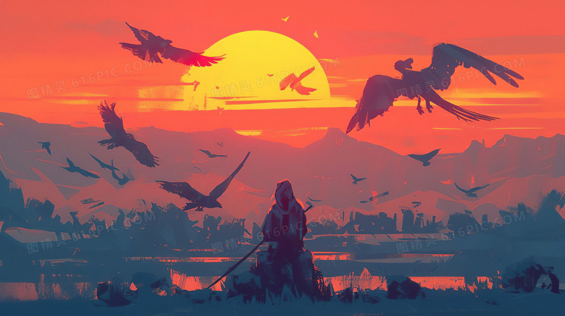 晚霞余晖风景插画