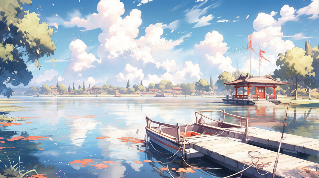 轻舟湖面风景插画