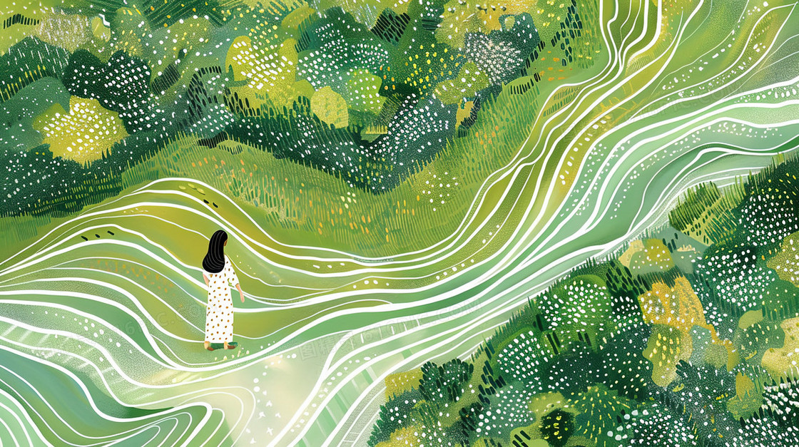 渐变翠绿鎏金波浪山水插画