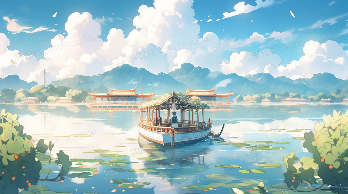 轻舟湖面风景插画