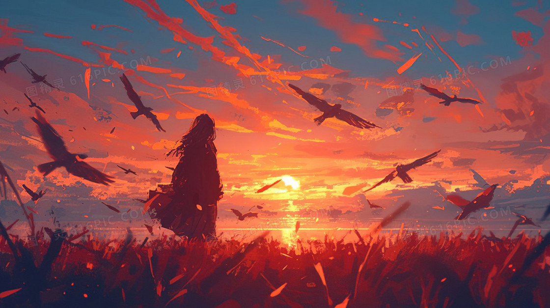 落日余晖旅人插画