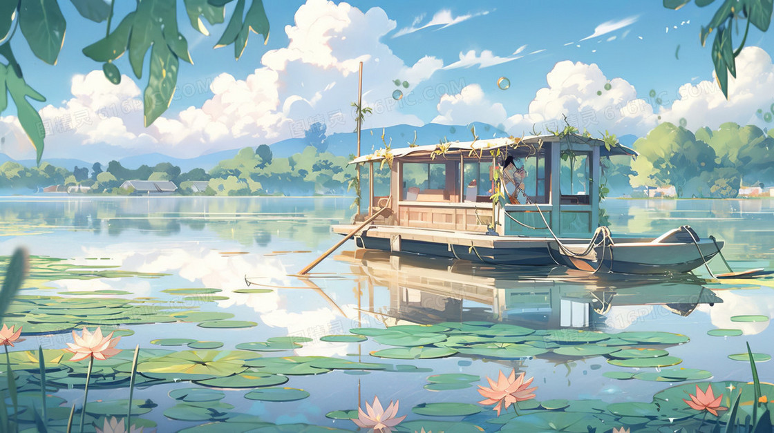 轻舟湖面风景插画