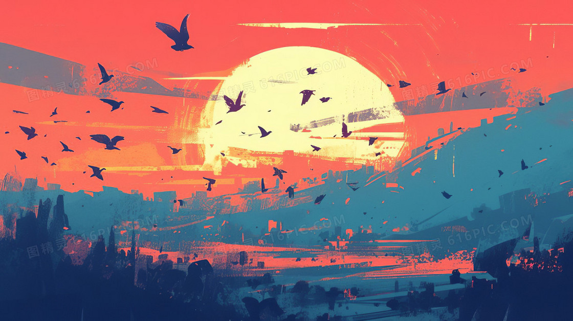 晚霞余晖风景插画