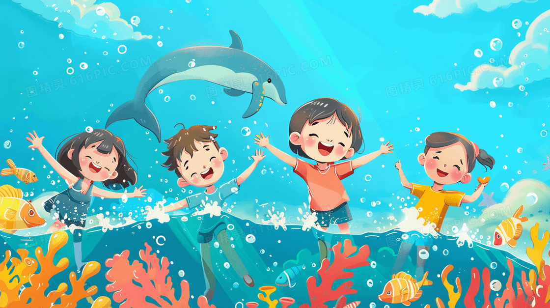 开心的孩子在海里游玩海豚在海面上飞舞插画