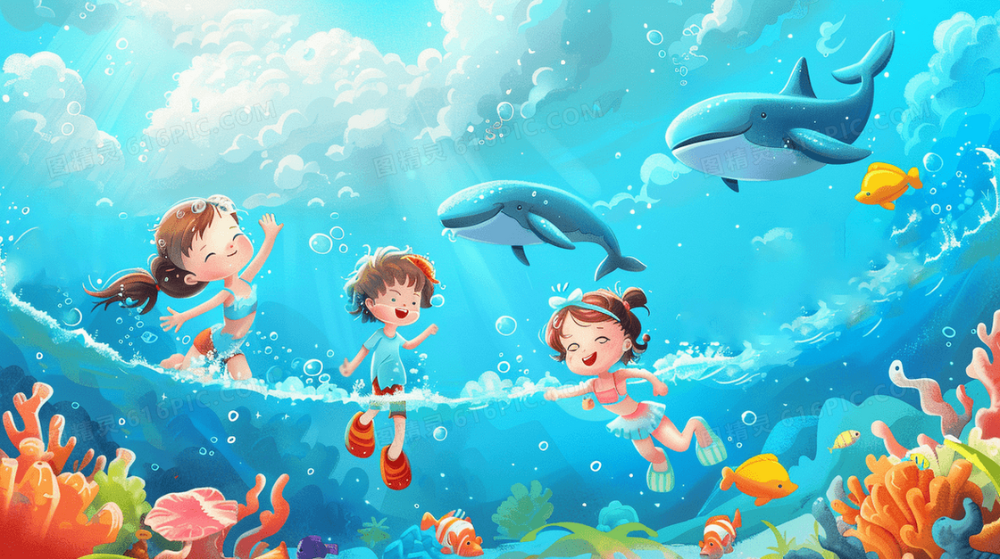 开心的孩子在海里游玩插画