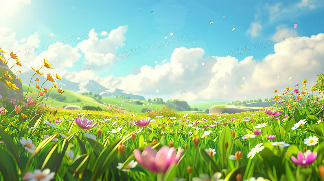 夏天草原上盛开的彩色小野花插画