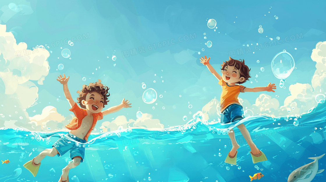 儿童节开心的孩子在海里游玩插画