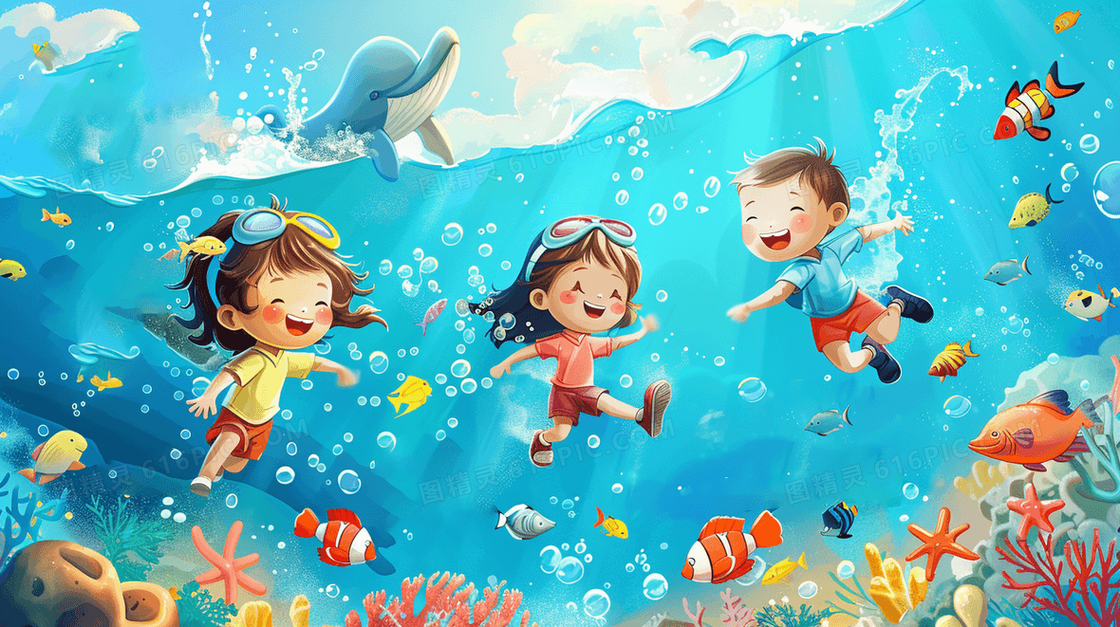 开心的孩子在海里游玩插画