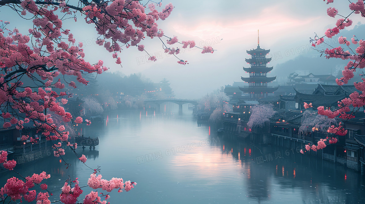 桃花美景山水插画背景图片下载_2184x1224像素JPG格式_编号vwkfpky7p_图精灵