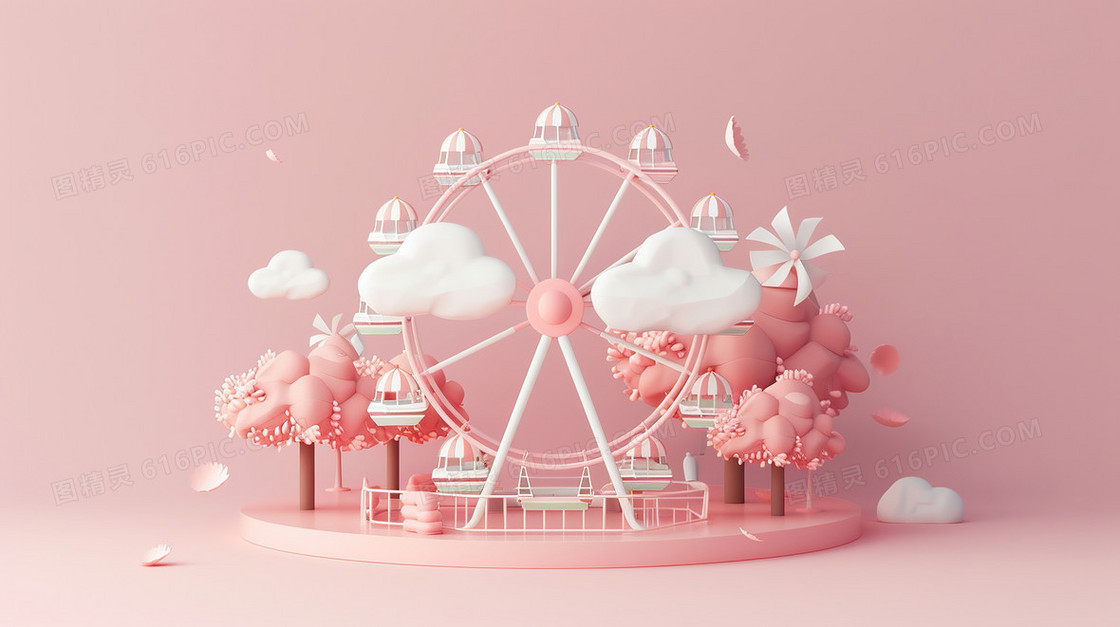 六一儿童节美丽的摩天轮粉红色插画