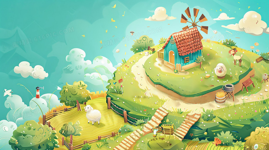 蓝色背景下的农场里有带风车的小房子和小羊插画