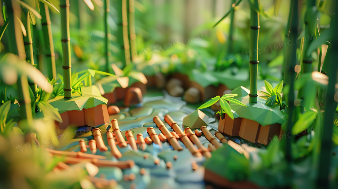 3D夏季竹林庭院插画