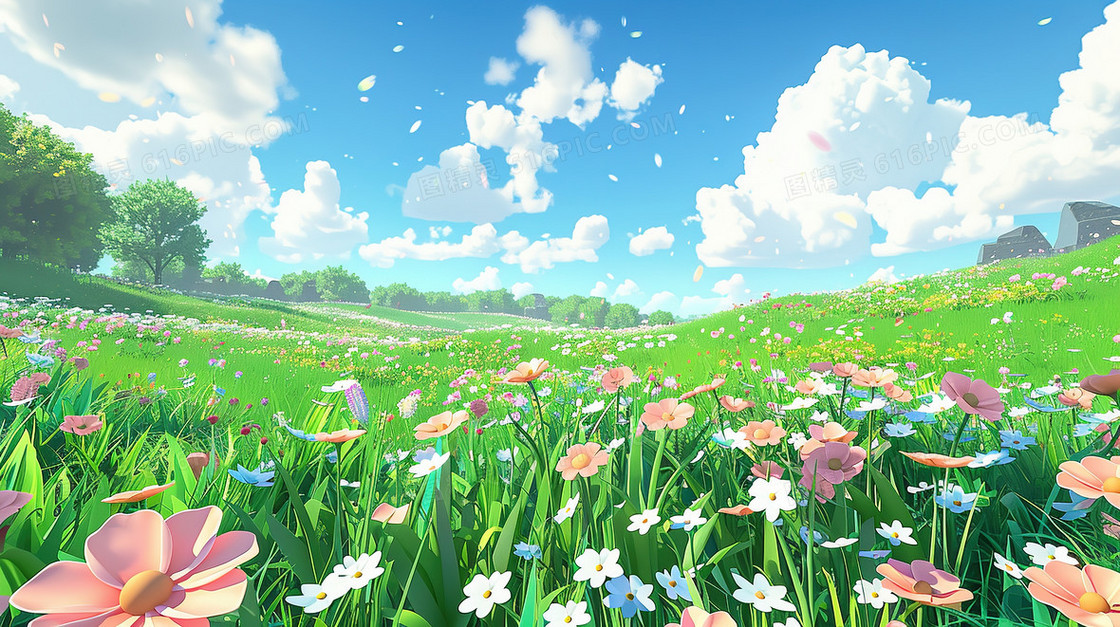 夏天草原上盛开的彩色小野花插画