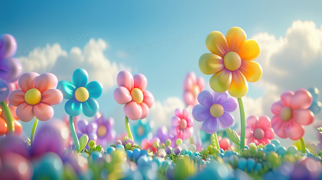 3D草地上盛开的彩色鲜花插画