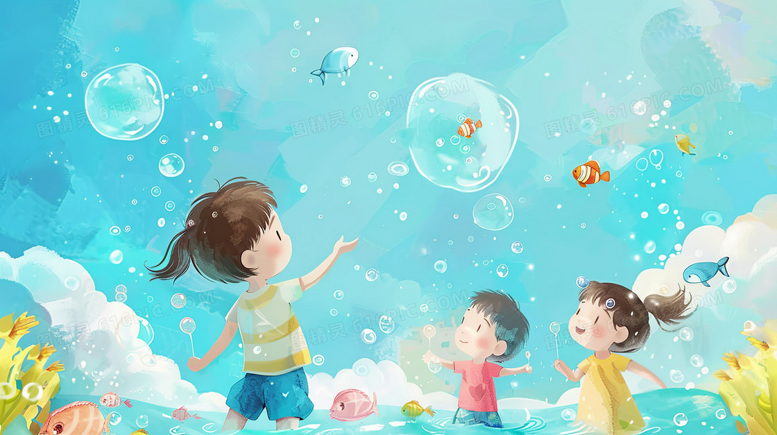 儿童节开心的孩子在海里游玩看鱼儿水泡泡插画