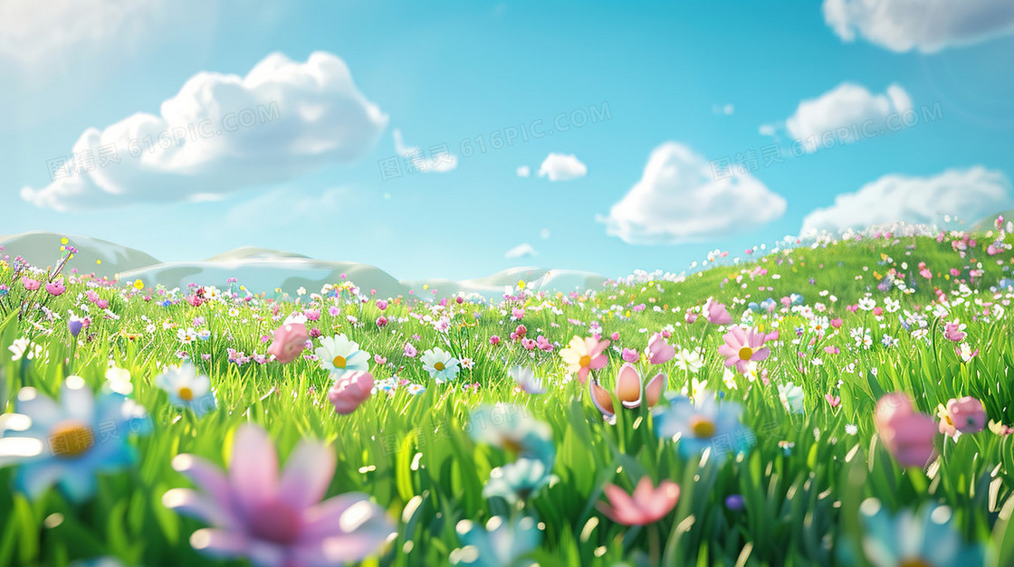 夏天草原上盛开的彩色小野花插画