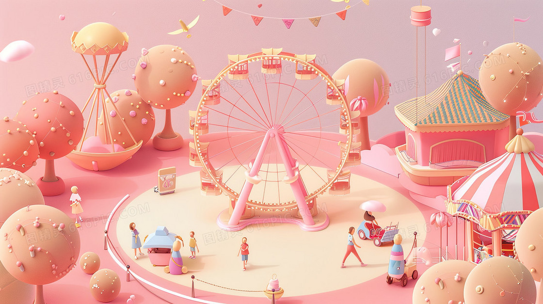 六一儿童节游乐场美丽的摩天轮粉红色背景孩子玩耍插画