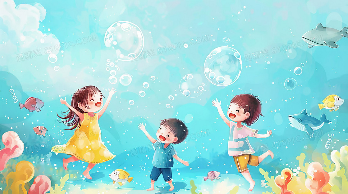 儿童节开心的孩子在海里游玩看鱼儿水泡泡插画