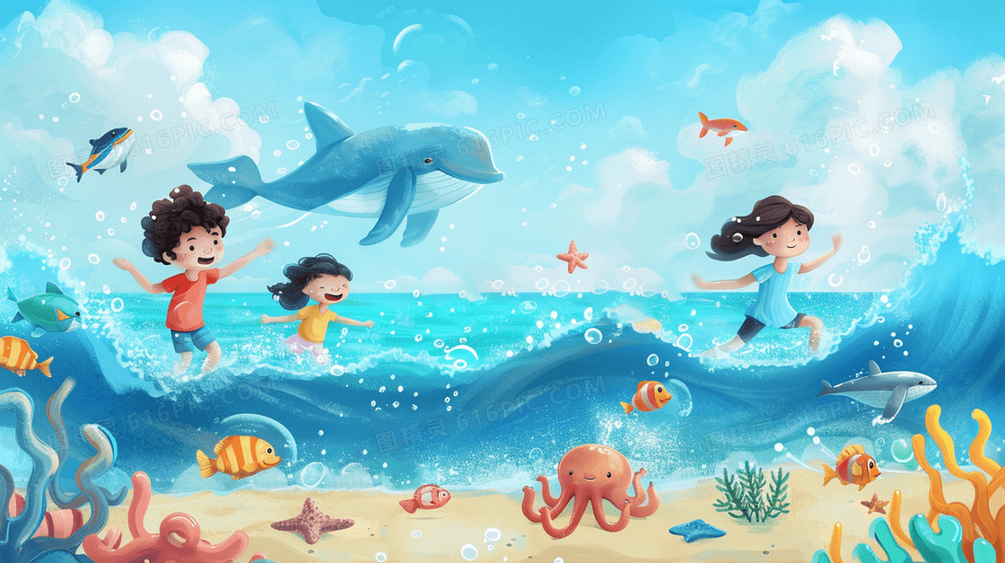开心的孩子在海里玩插画