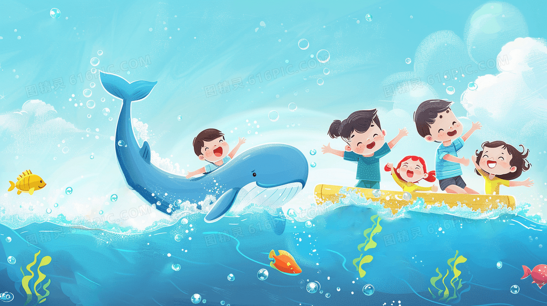 儿童节开心的孩子在海里游玩海豚在海面上飞舞插画