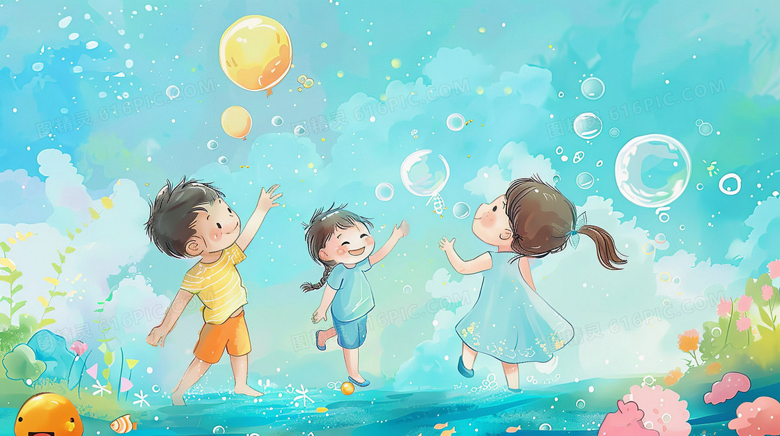 儿童节开心的孩子在海里游玩看鱼儿水泡泡插画