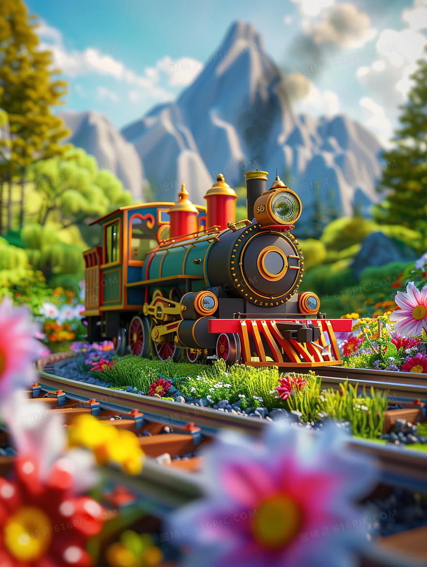 3D草原铁轨上行驶得火车插画