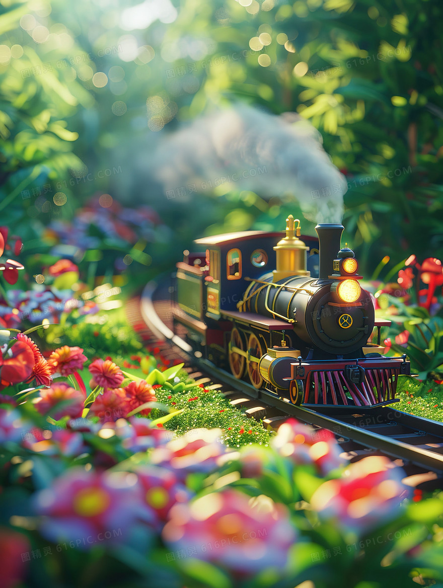 3D草原铁轨上行驶得火车插画