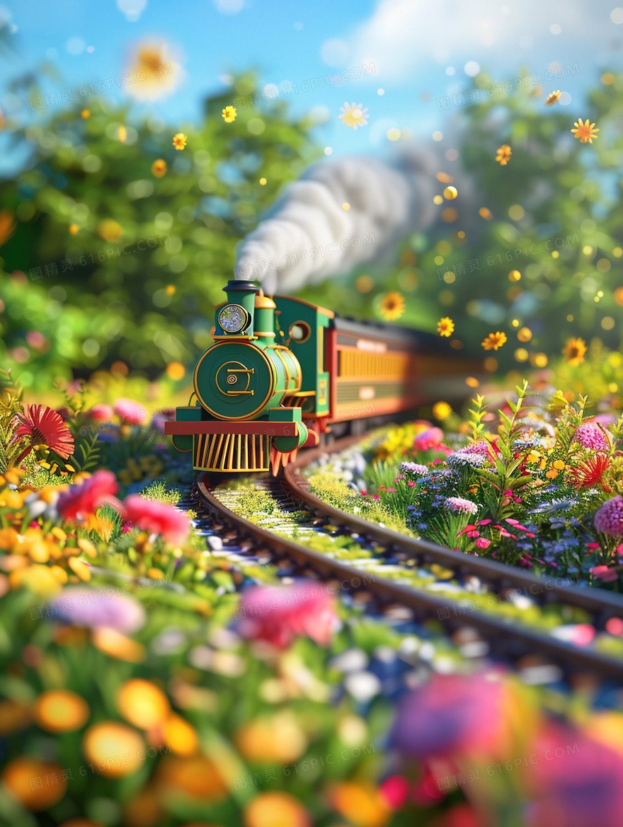 3D草原铁轨上行驶得火车插画