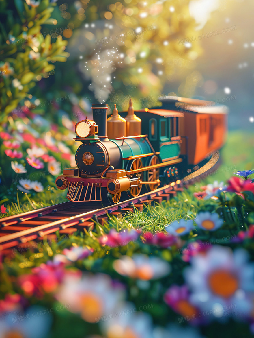 3D草原铁轨上行驶得火车插画