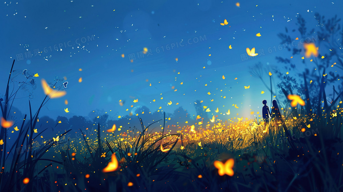 夜晚草地上飞舞的萤火虫插画