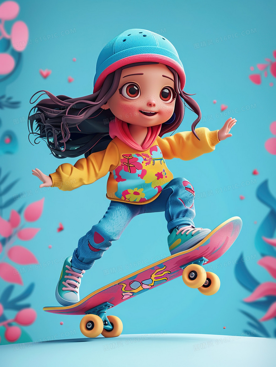 3D练习滑板得女孩插画
