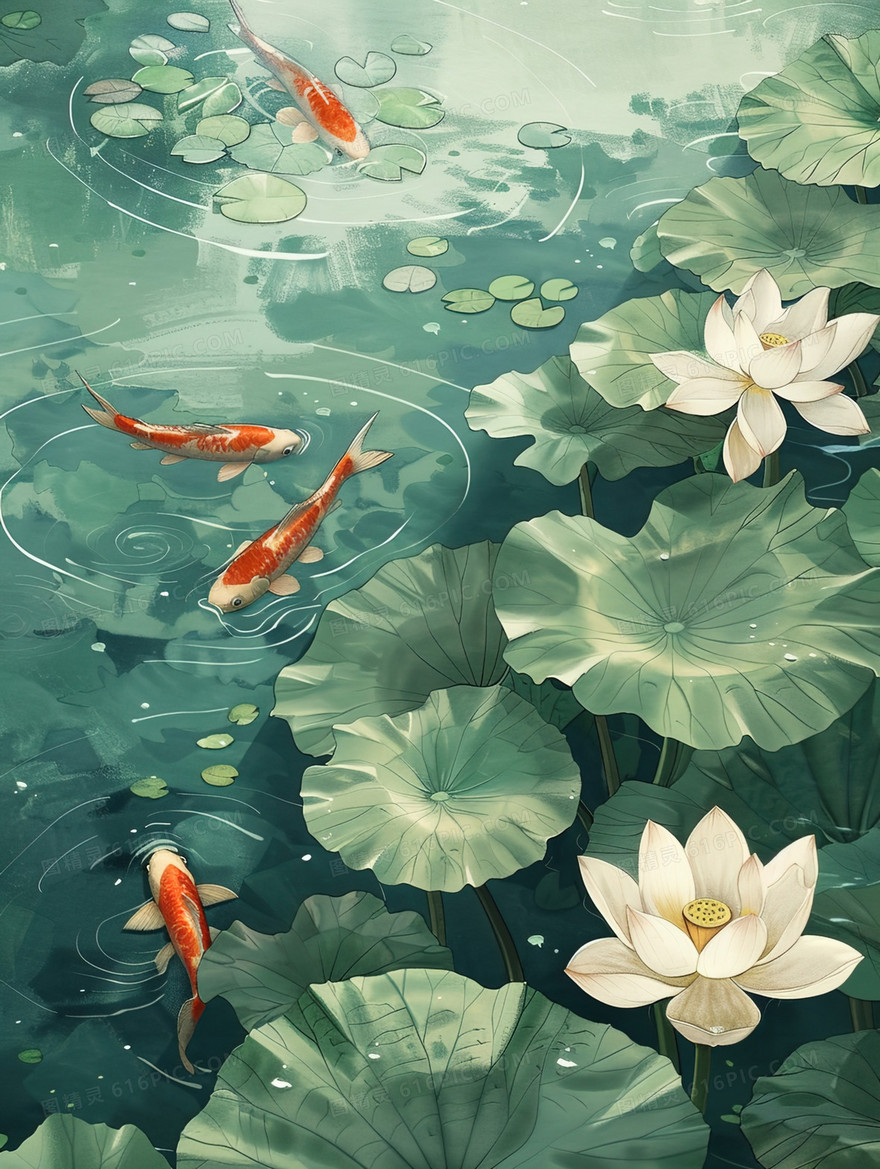 公园荷叶荷塘鲤鱼插画