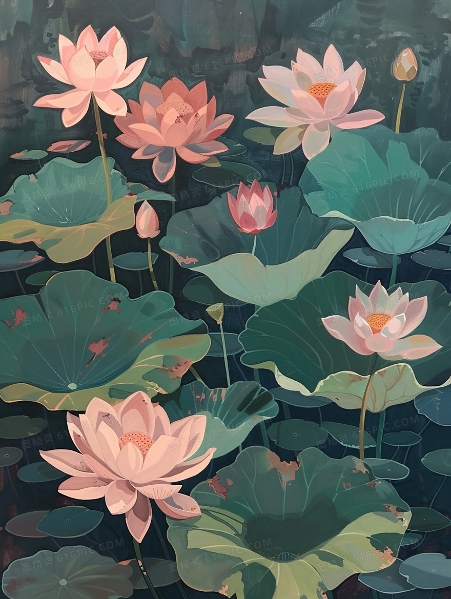 唯美荷叶荷花风景插画