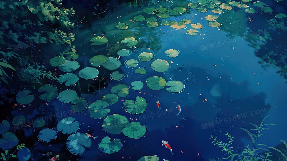 公园荷叶荷塘鲤鱼插画