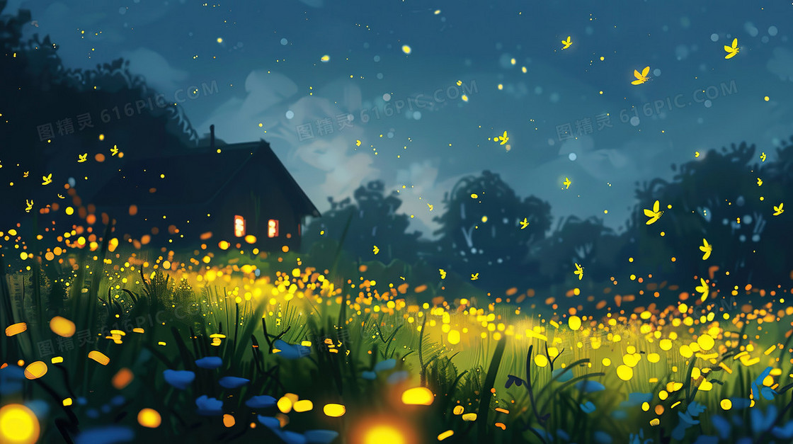 夜晚草地上飞舞的萤火虫插画
