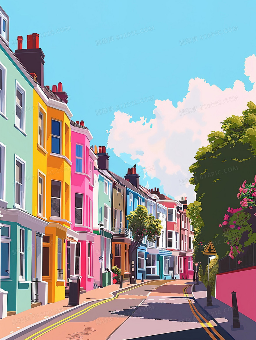 城市小镇街道房屋风景插画