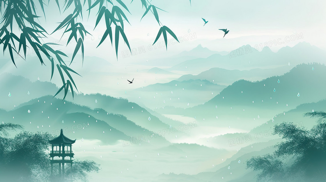 唯美中国风远山风景插画