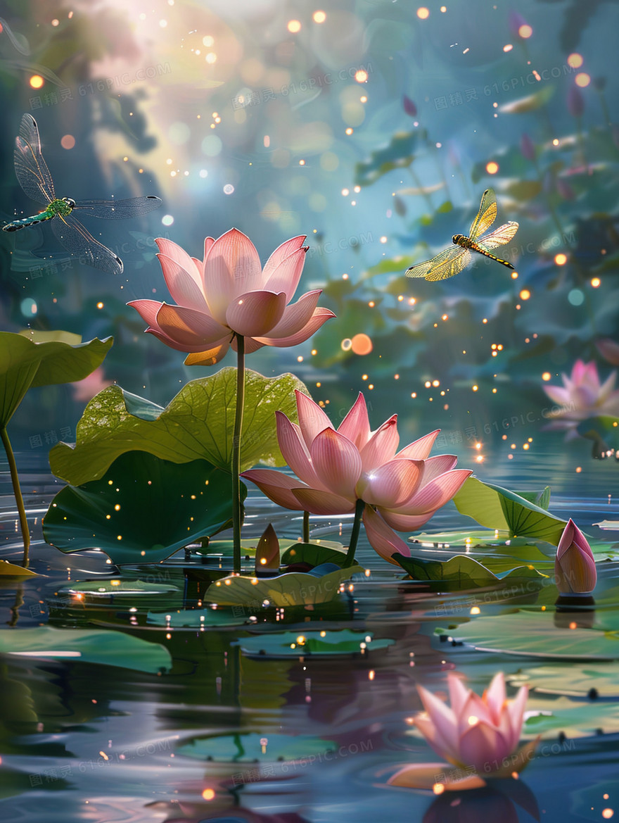唯美夏日荷花蜻蜓插画