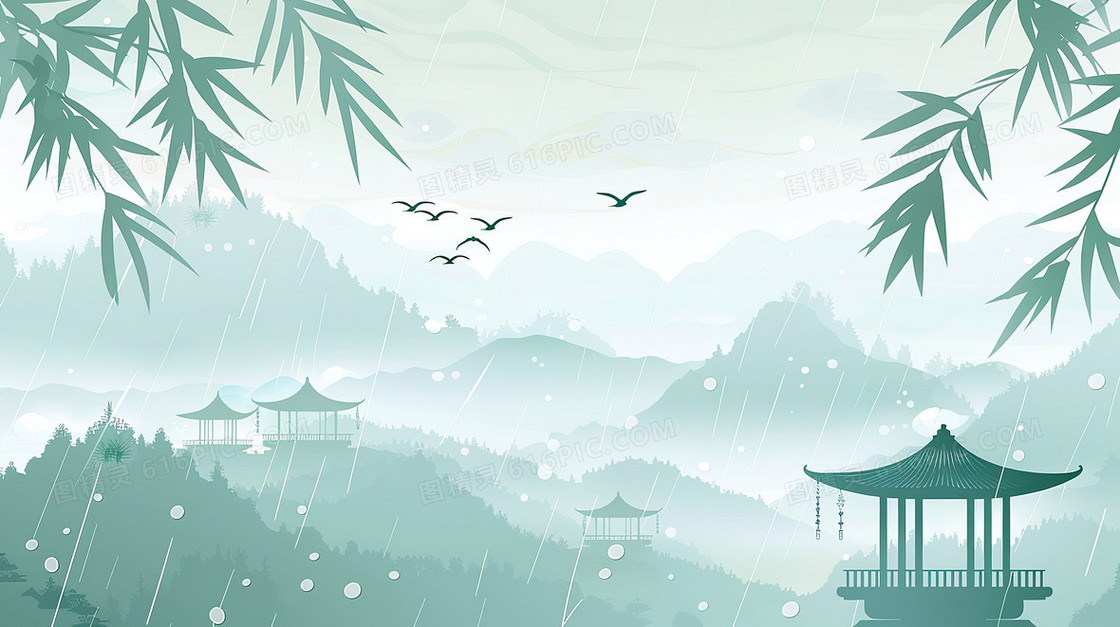 唯美中国风远山风景插画