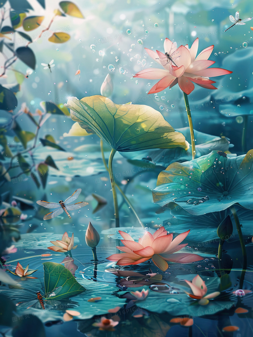 唯美夏日荷花蜻蜓插画