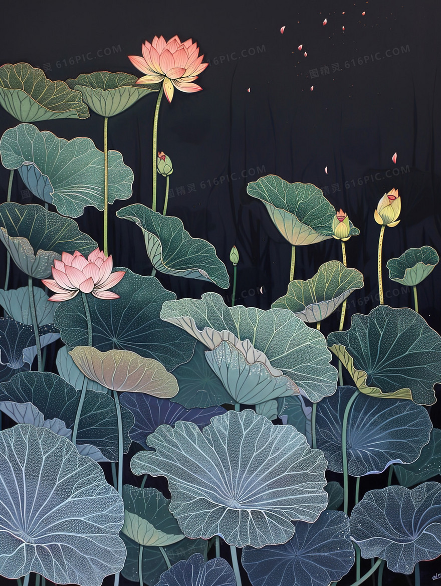 唯美荷叶荷花风景插画