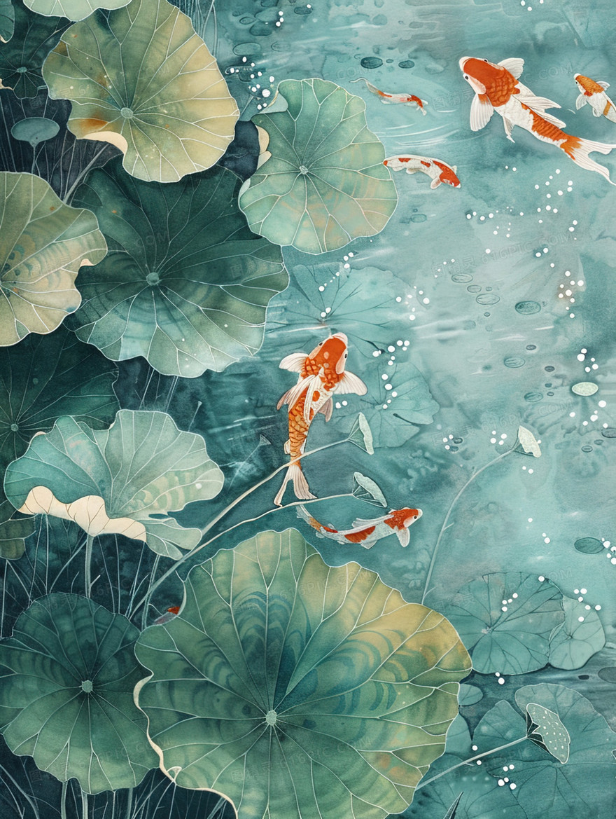 公园荷叶荷塘鲤鱼插画