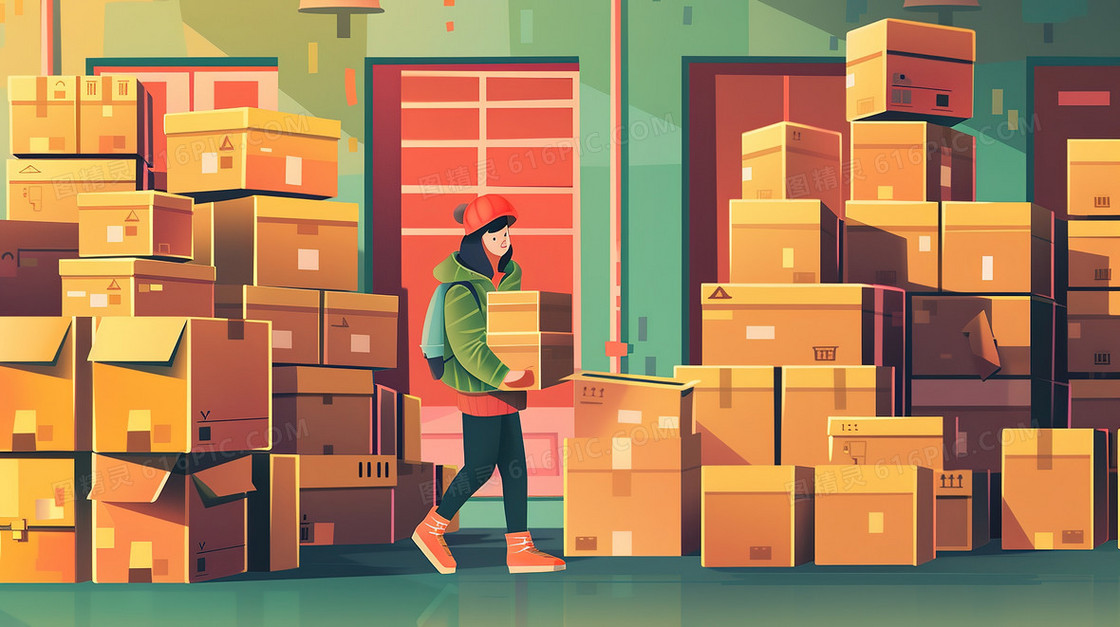 搬箱子劳动的美女快递员插画